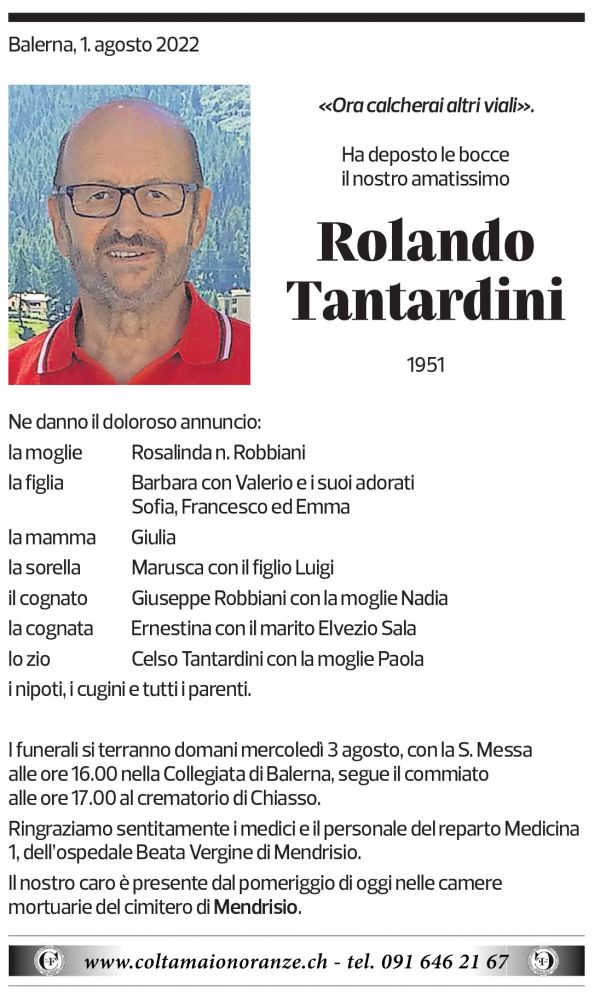 Annuncio funebre Rolando Tantardini