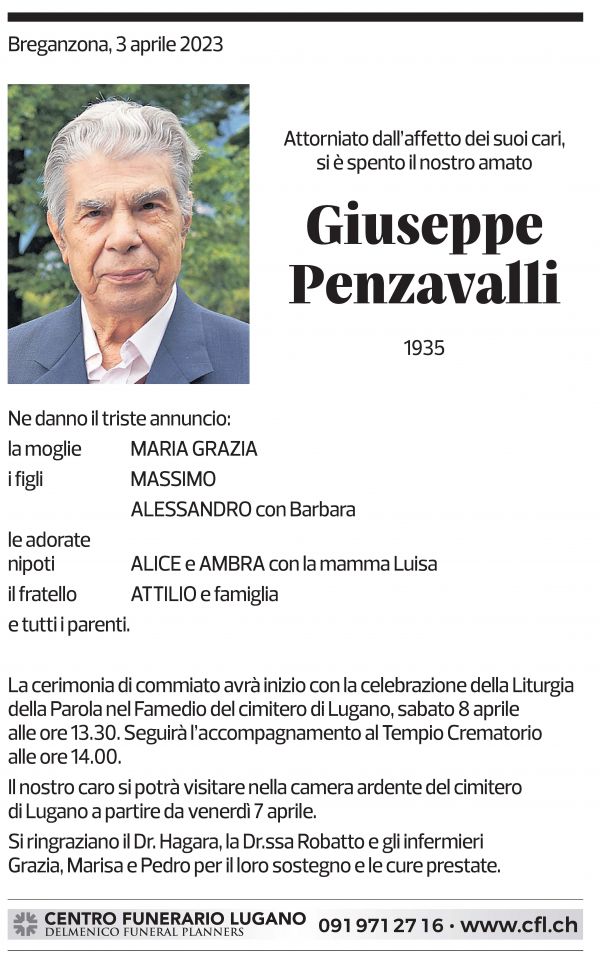 Annuncio funebre Giuseppe Penzavalli