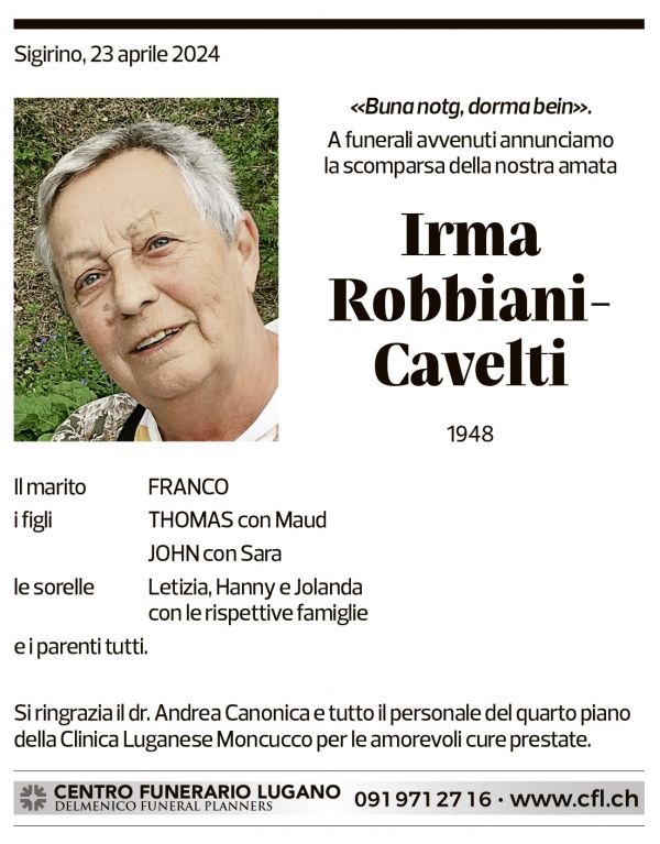 Annuncio funebre Irma Robbiani-cavelti