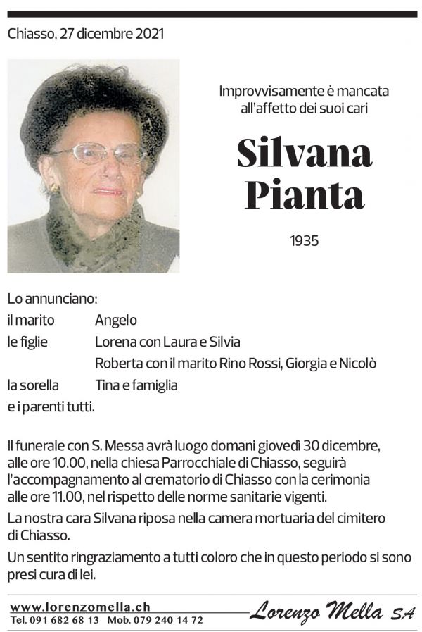 Annuncio funebre Silvana Pianta