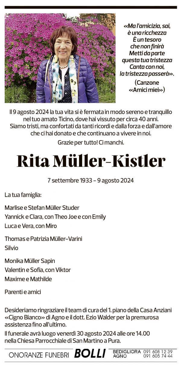 Annuncio funebre Rita Müller-kistler