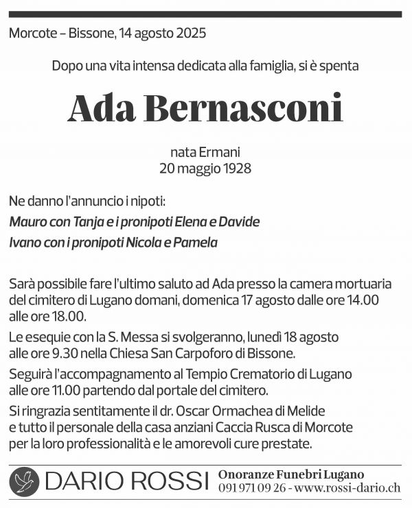 Annuncio funebre Ada Bernasconi