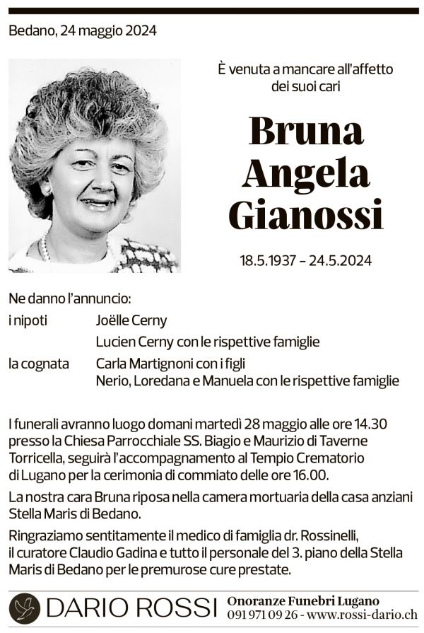 Annuncio funebre Bruna Angela Gianossi