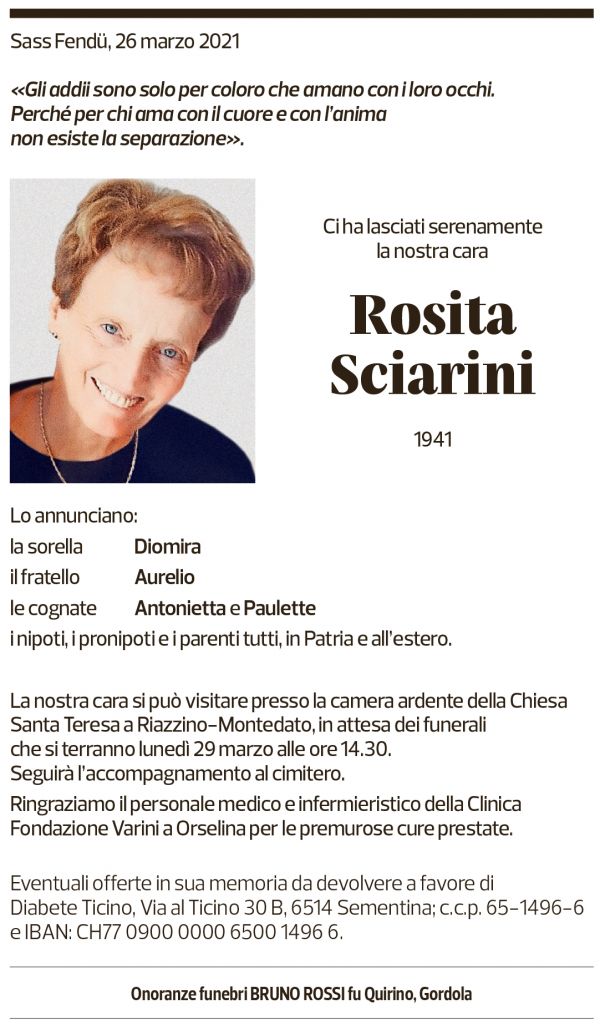 Annuncio funebre Rosita Sciarini