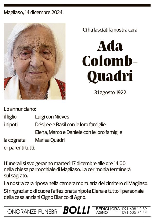 Annuncio funebre Ada Colomb-quadri