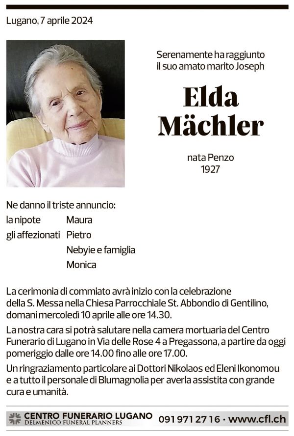 Annuncio funebre Elda Mächler