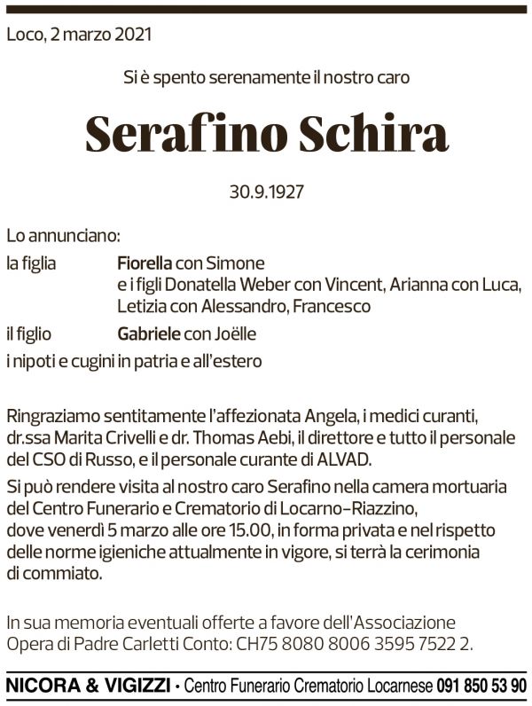 Annuncio funebre Serafino Schira