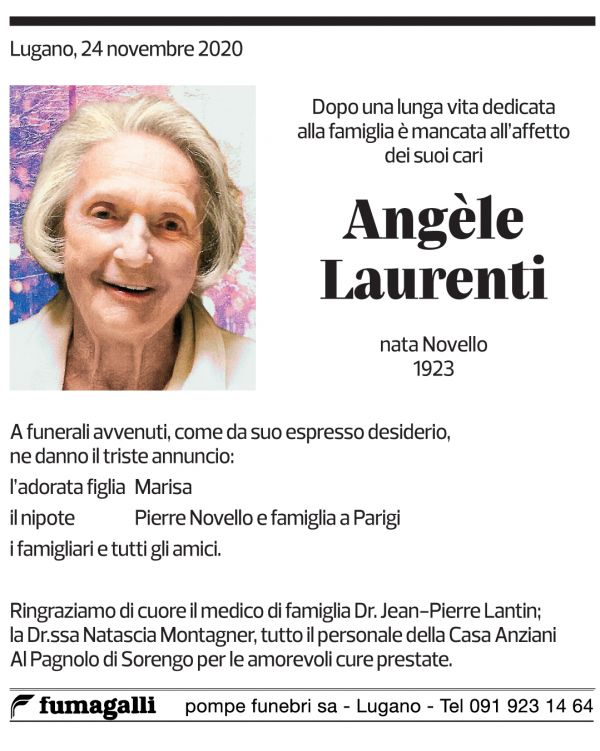 Annuncio funebre Angèle Laurenti