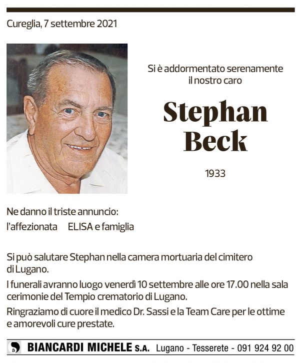 Annuncio funebre Stephan Beck