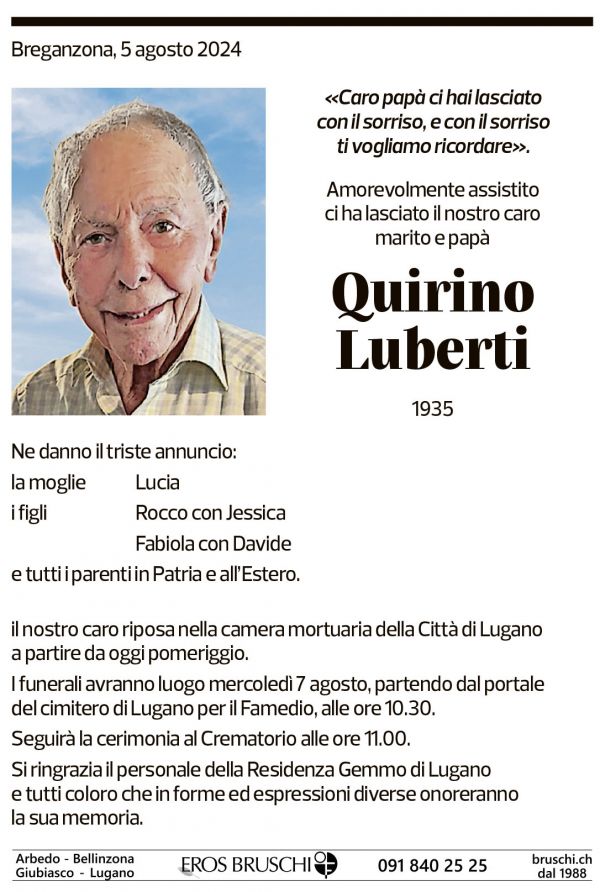 Annuncio funebre Quirino Luberti