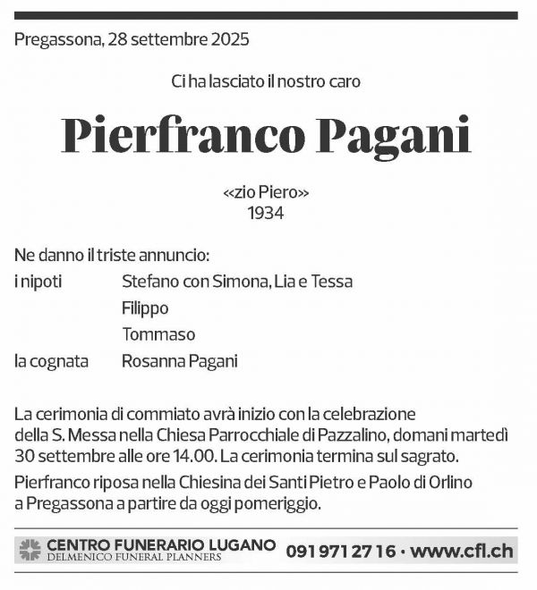 Annuncio funebre Pierfranco Pagani