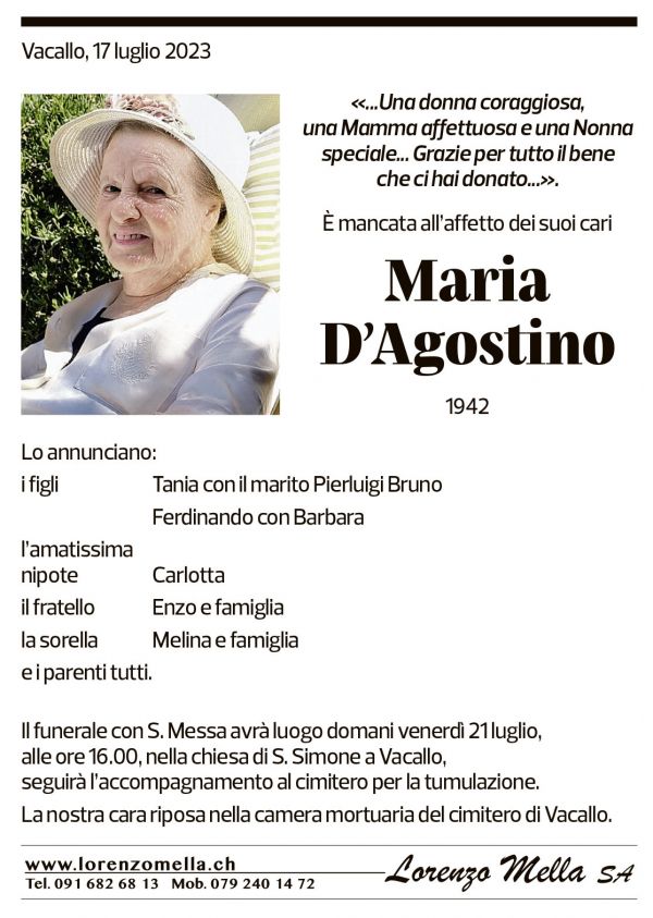 Annuncio funebre Maria D'agostino