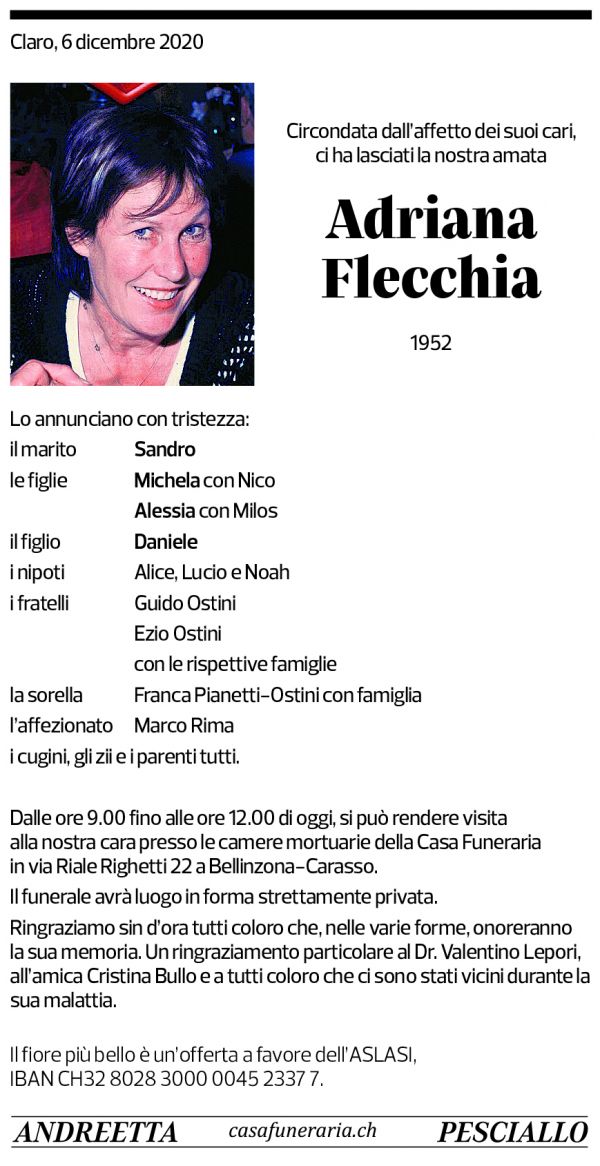 Annuncio funebre Adriana Flecchia