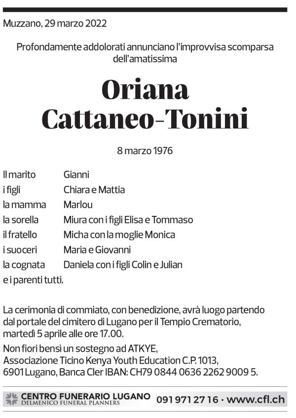 Annuncio funebre Oriana Cattaneo-tonini