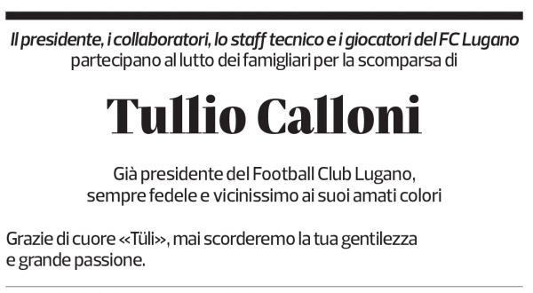 Annuncio funebre Tullio Calloni