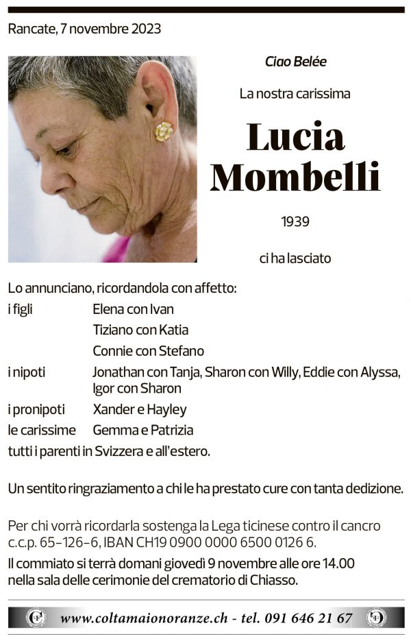 Annuncio funebre Lucia Mombelli