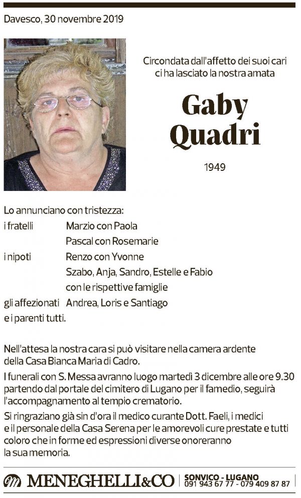 Annuncio funebre Gaby Quadri