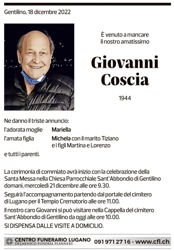 Annuncio funebre Giovanni Coscia