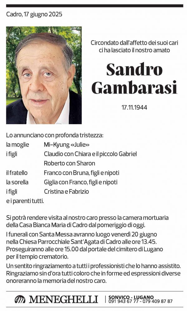 Annuncio funebre Sandro Gambarasi