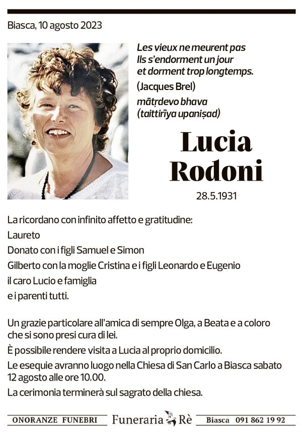 Annuncio funebre Lucia Rodoni