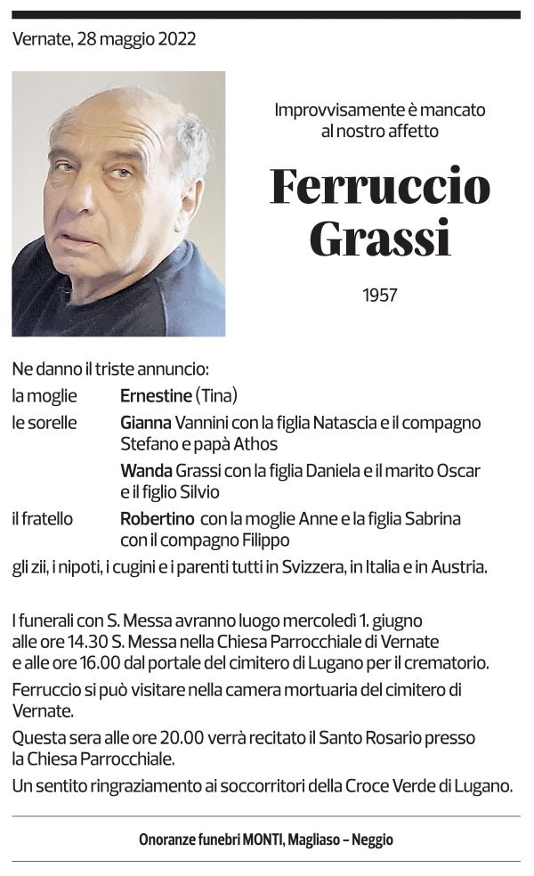 Annuncio funebre Ferruccio Grassi