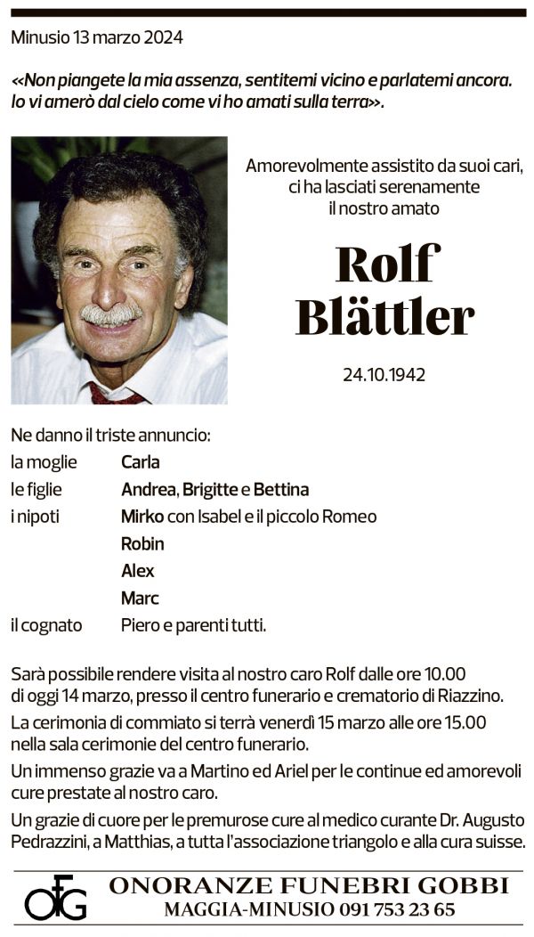 Annuncio funebre Rolf Blättler