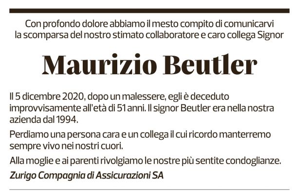 Annuncio funebre Maurizio Beutler