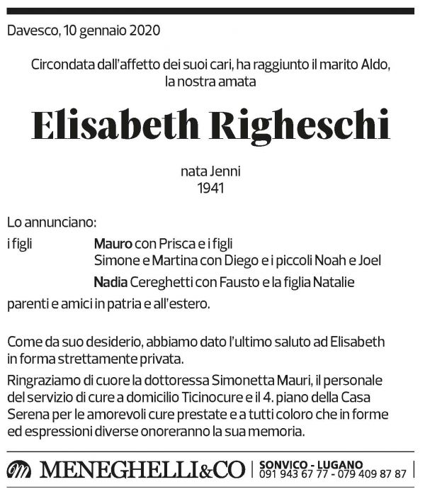 Annuncio funebre Elisabeth Righeschi