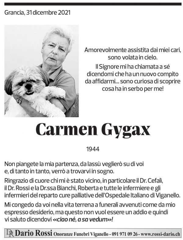 Annuncio funebre Carmen Gygax