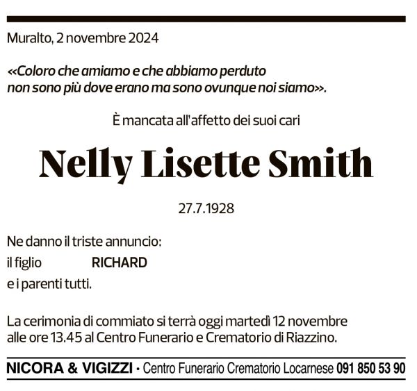 Annuncio funebre Nelly Lisette Smith