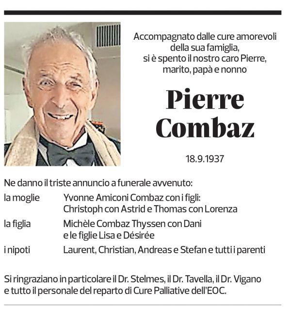 Annuncio funebre Pierre Combaz