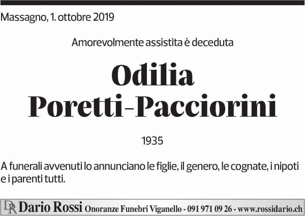 Annuncio funebre Odilia Poretti - Pacciorini