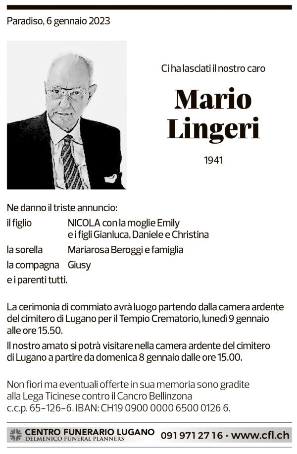 Annuncio funebre Mario Lingeri