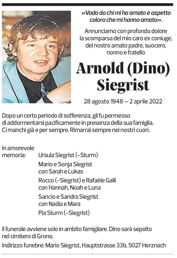 Annuncio funebre Arnold Siegrist