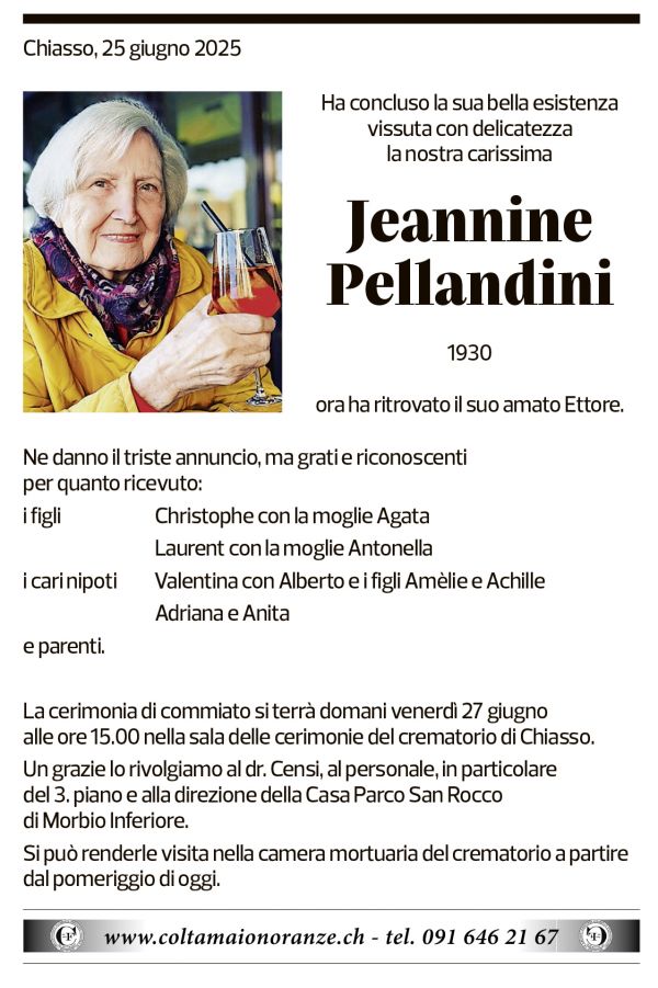 Annuncio funebre Jeannine Pellandini