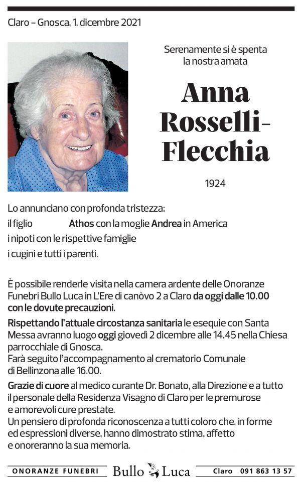 Annuncio funebre Anna Rosselli-flecchia