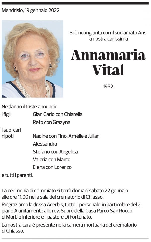 Annuncio funebre Annamaria Vital