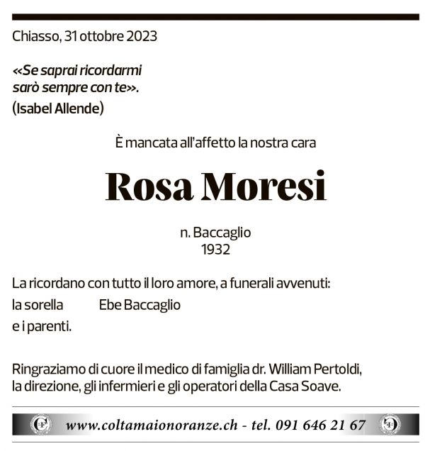 Annuncio funebre Rosa Moresi