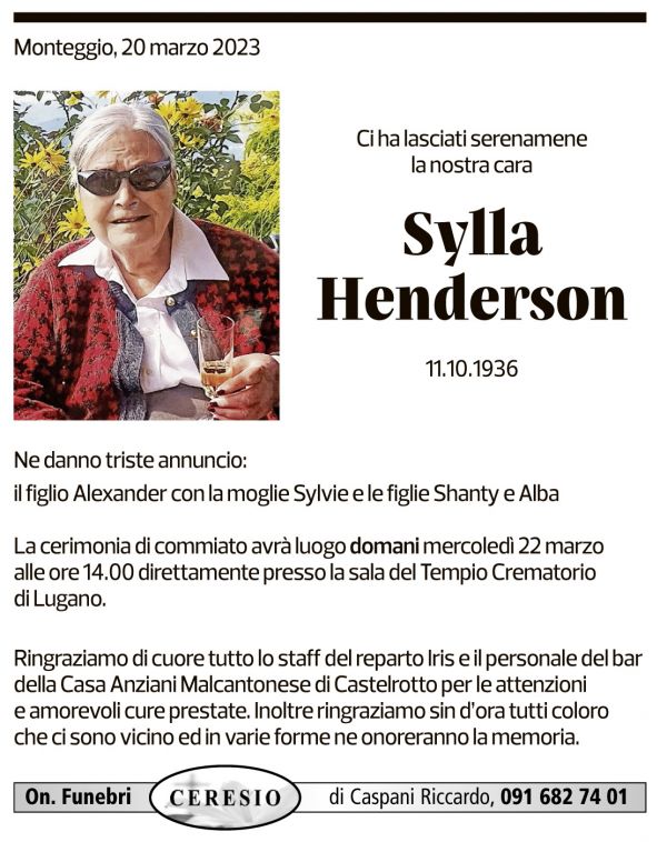 Annuncio funebre Sylla Henderson