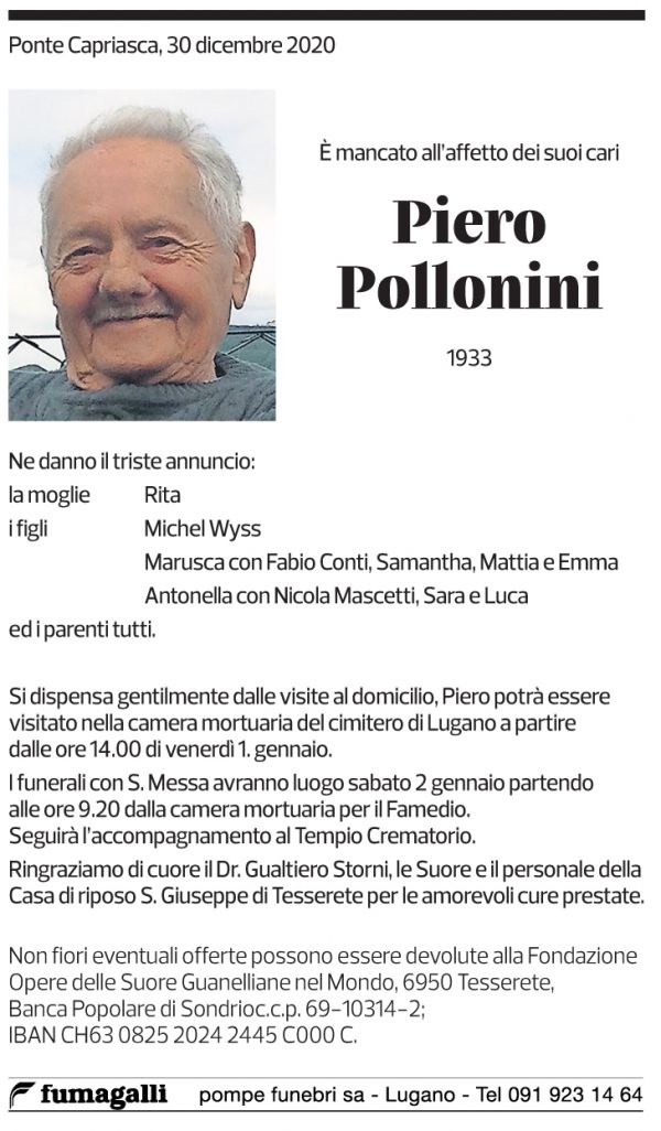 Annuncio funebre Piero Pollonini