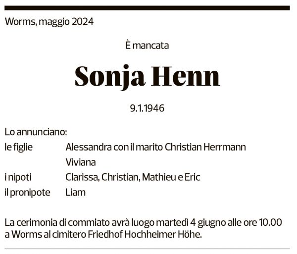 Annuncio funebre Sonja Henn