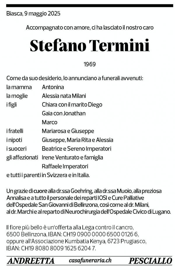 Annuncio funebre Stefano Termini