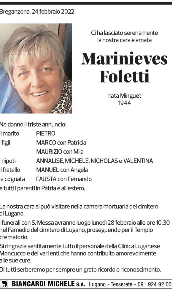 Annuncio funebre Marinieves Foletti