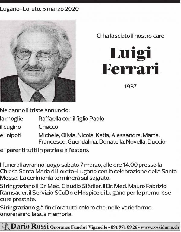 Annuncio funebre Luigi Ferrari