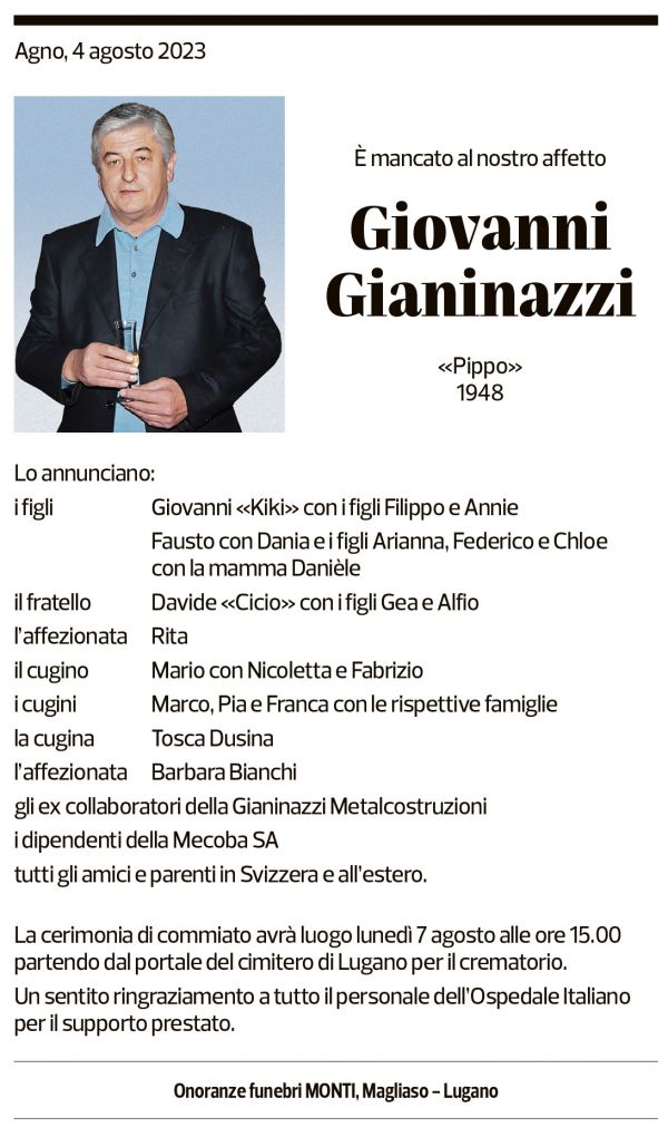 Annuncio funebre Giovanni Gianinazzi