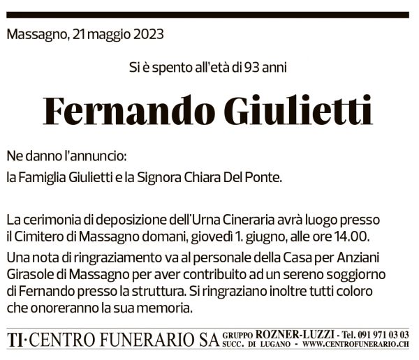 Annuncio funebre Fernando Giulietti