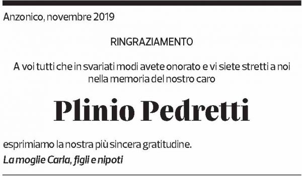 Annuncio funebre Plinio Pedretti