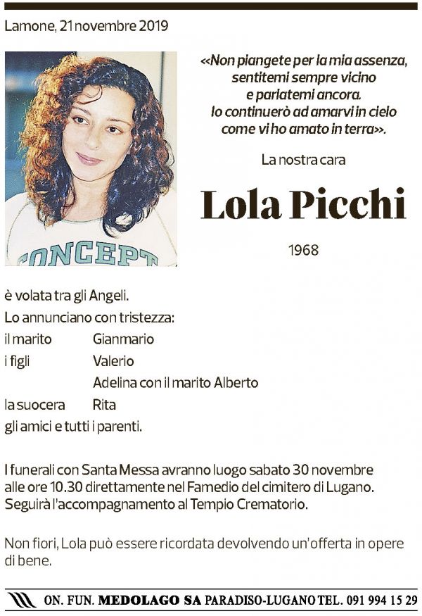Annuncio funebre Lola Picchi