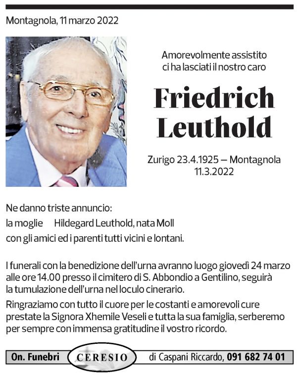 Annuncio funebre Friedrich Leuthold