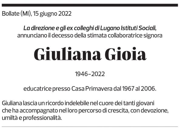 Annuncio funebre Giuliana Gioia